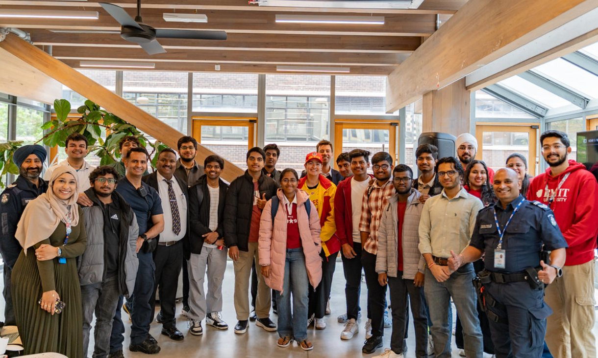 Students with presenters from Study Melbourne, Victoria Police, Life Saving Victoria, and representatives from the Indian Consulate in Melbourne.