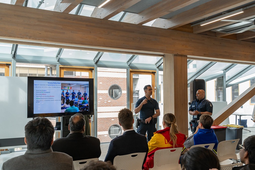 Leading Senior Constable Dinesh Nettur and Acting Sergeant Raj Sambamurthy from Victoria Police deliver a presentation on crime prevention and personal safety to RMIT students.