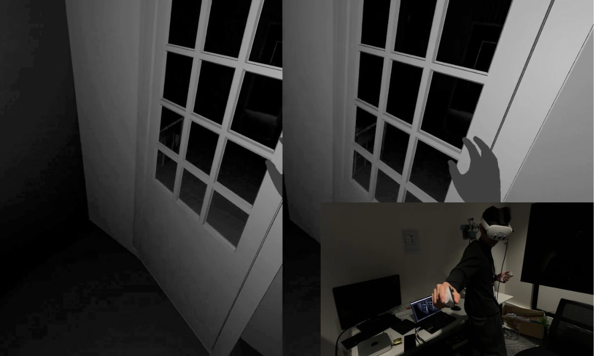 A person wearing a vr headset in a room contrasted with the view they see while wearing it. The view is a door with a hand reaching out.