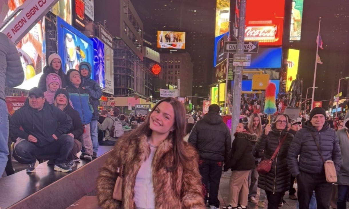 Louise King in Times Square during her exchange in New York City.
