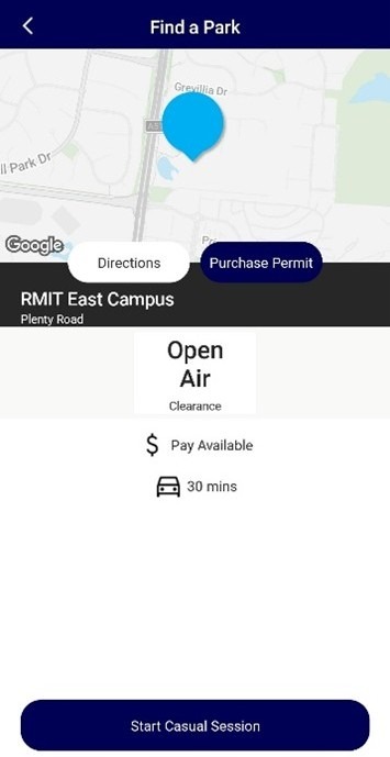 Screenshot of the "Find a Park" page in the RMIT Parking app