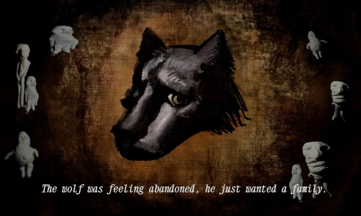 Painted wolf’s head surrounded by clay figures, with the caption “The wolf was feeling abandoned, he just wanted a family.