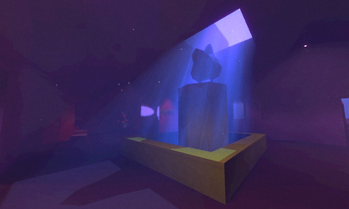 Rock on a stone pillar lit by a beam of blue light in a dark, purple-toned room.