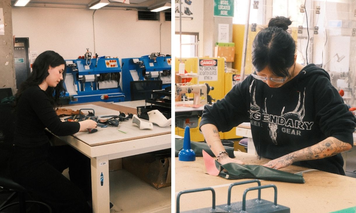 Students folding leather