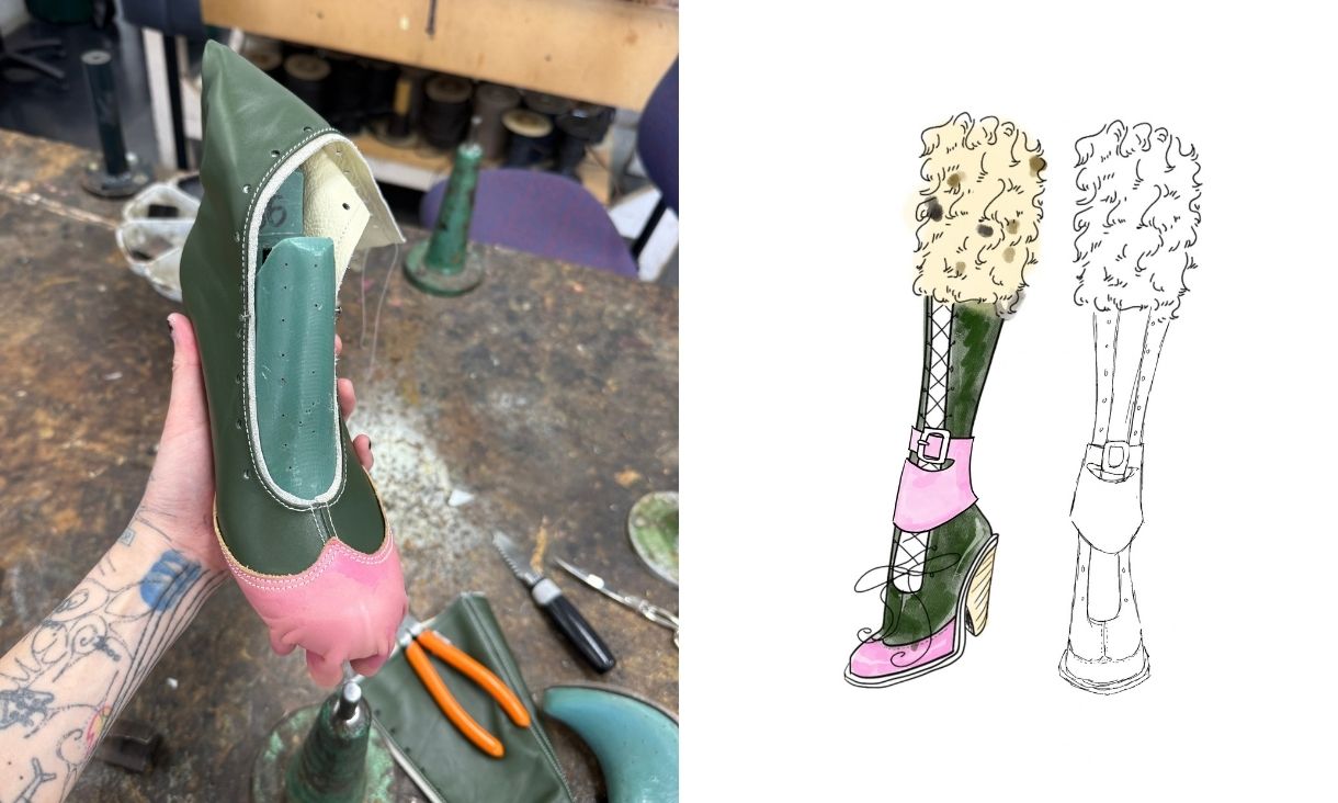 A sketch of a shoe next to the shoe being made