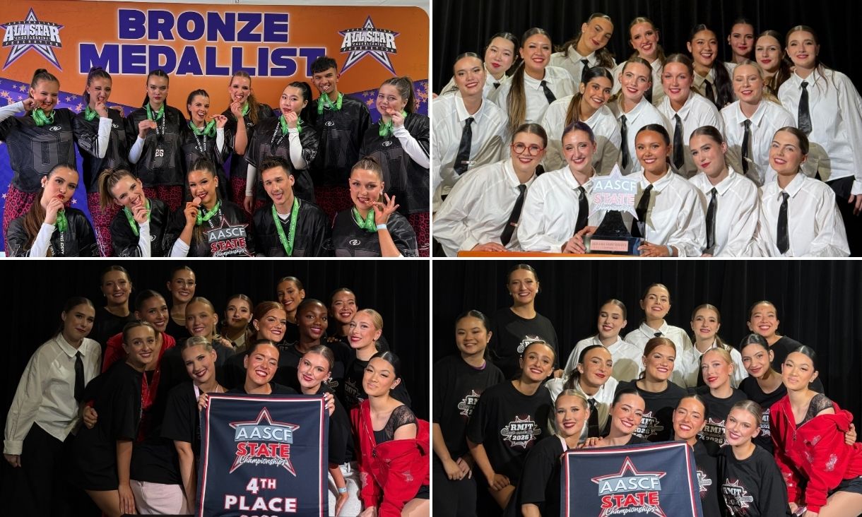RMIT dancers standing on podiums at competition.