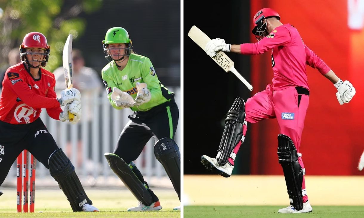 Collage of two images of cricket players on the field