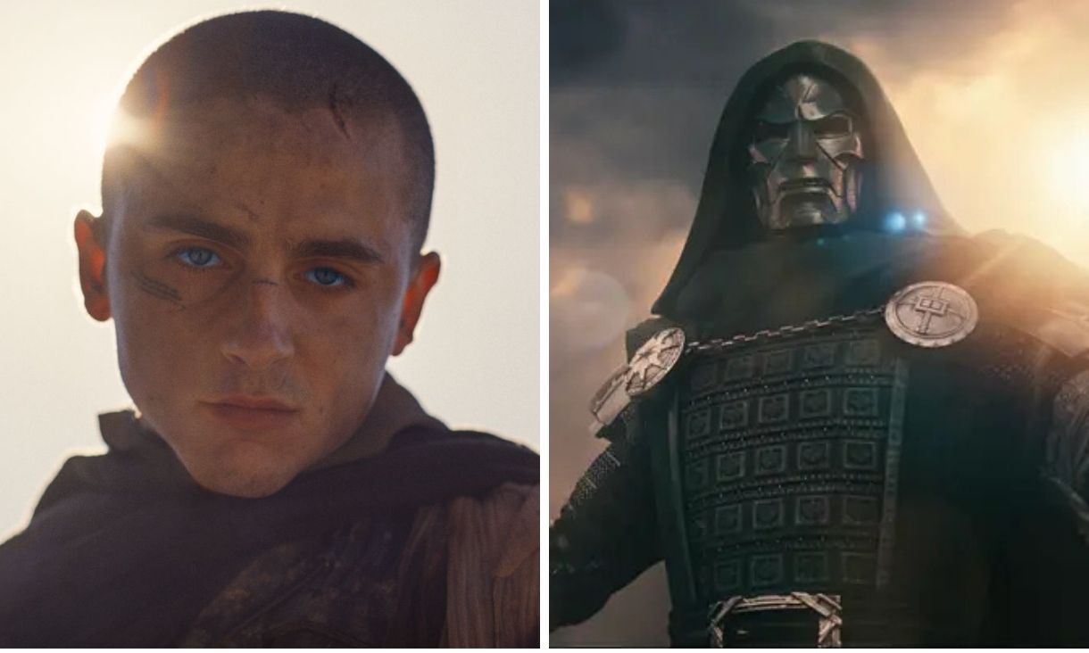Collage of two movie posters, left Timothee Chalamet and right Doctor Doom