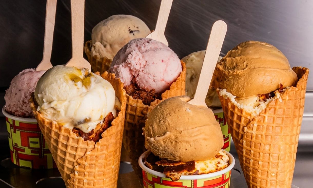 Collection of gelato scoops and cones
