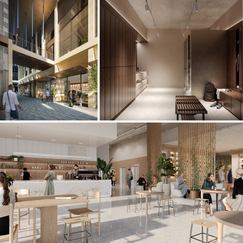 Digital rendering of exterior and interior of building