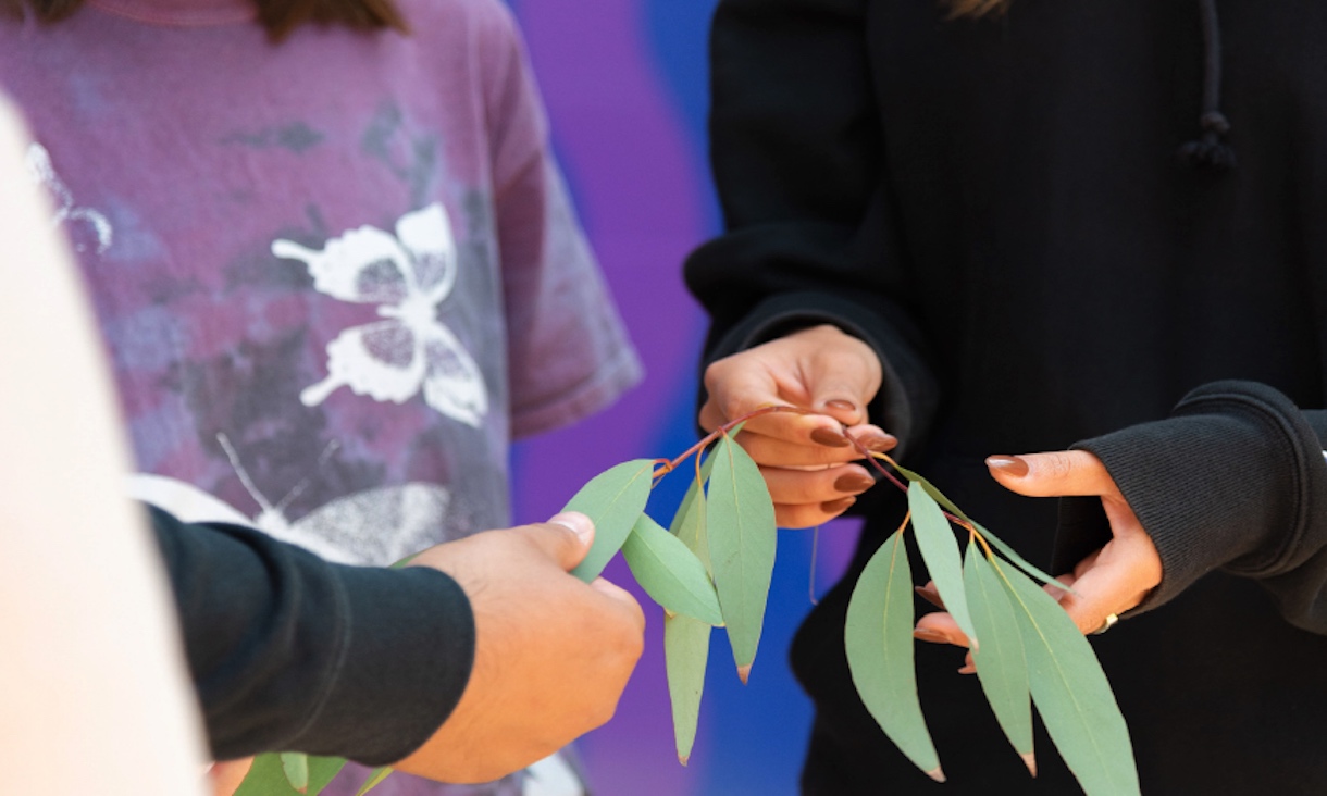 Student holding gum leaves