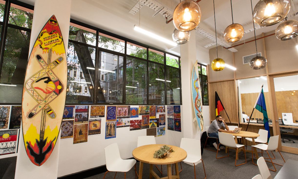Open study space with indigenous artwork