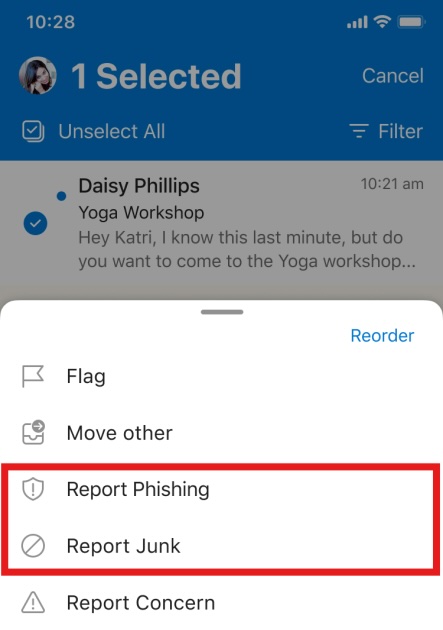 Screen show with 'Report Phishing' button highlighted