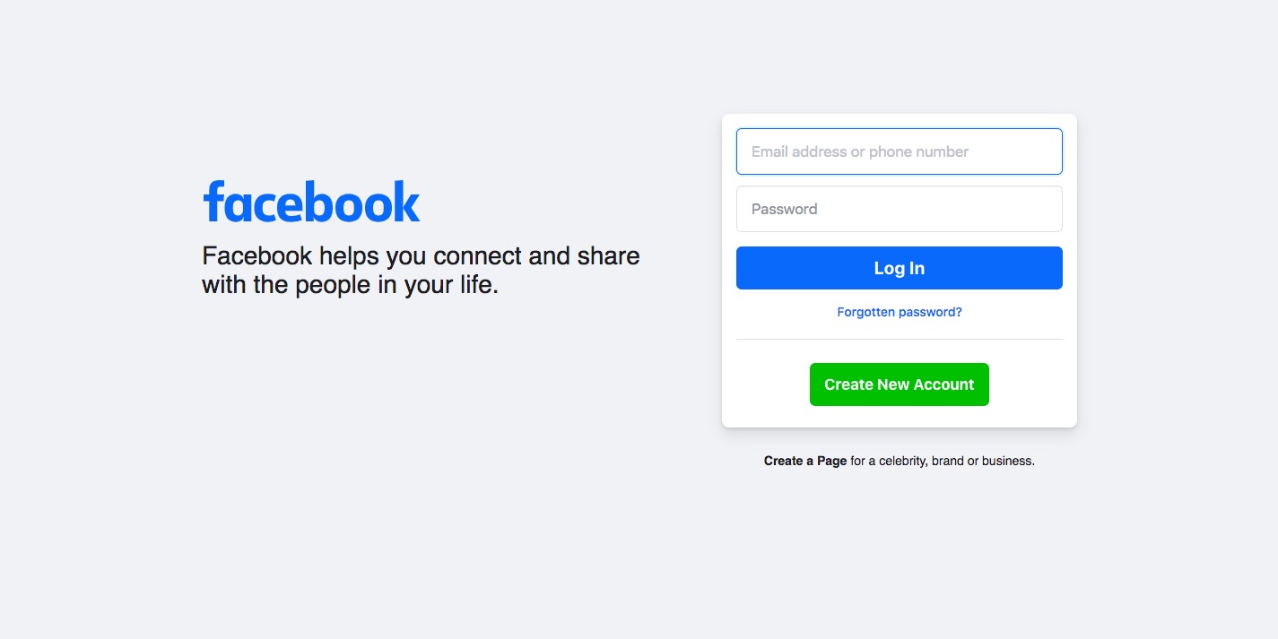 Facebook login screen.