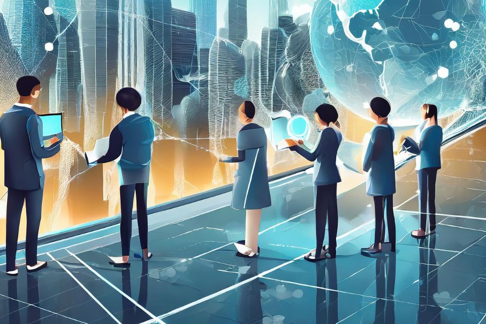 A group of people looking at various devices