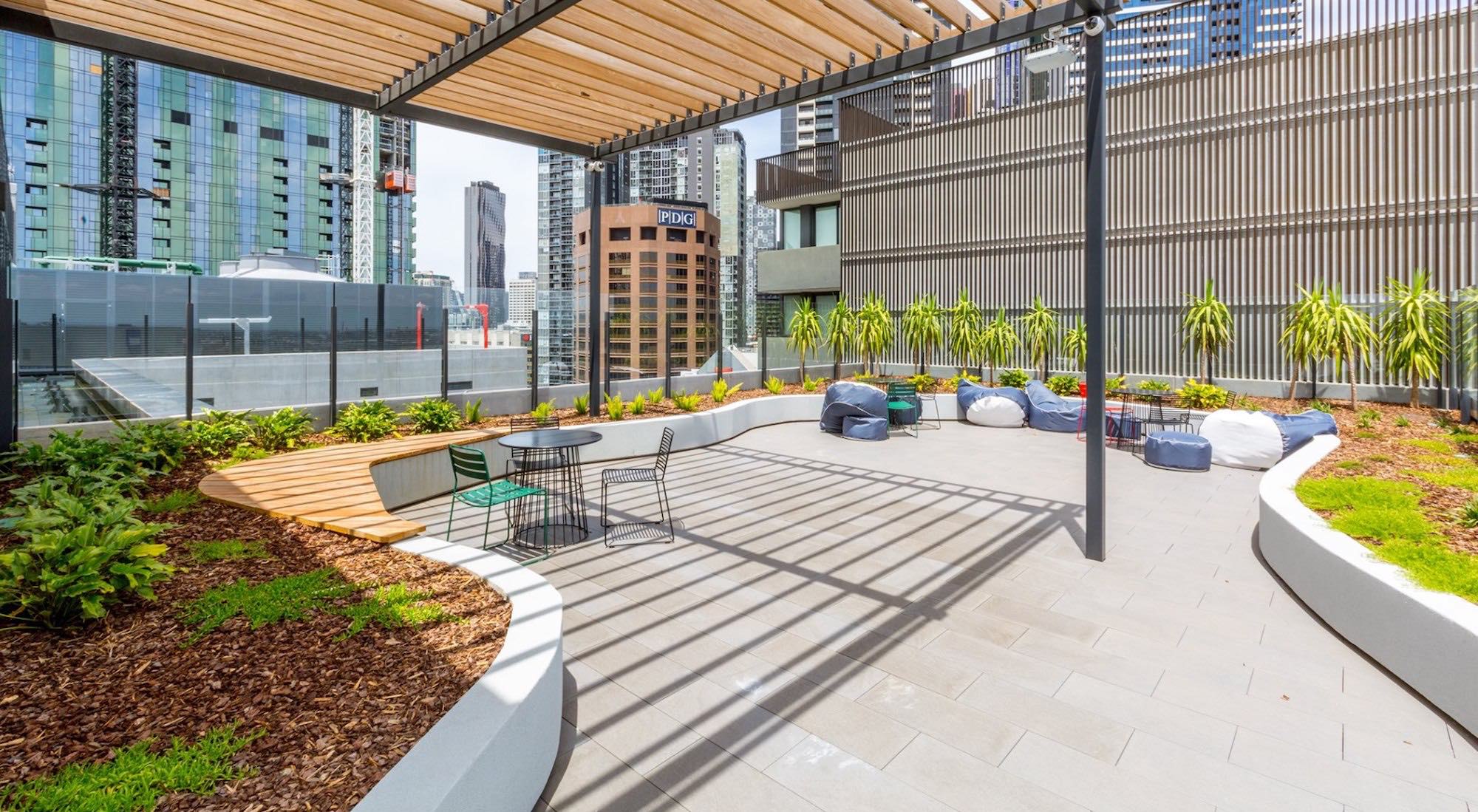 An outdoor area with a garden.