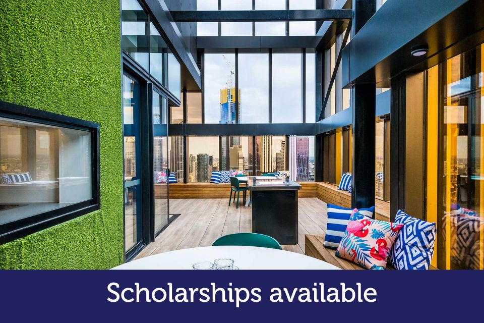 A skyscraper is featured in the Melbourne CBD. 'Scholarships available' is written on the photo.