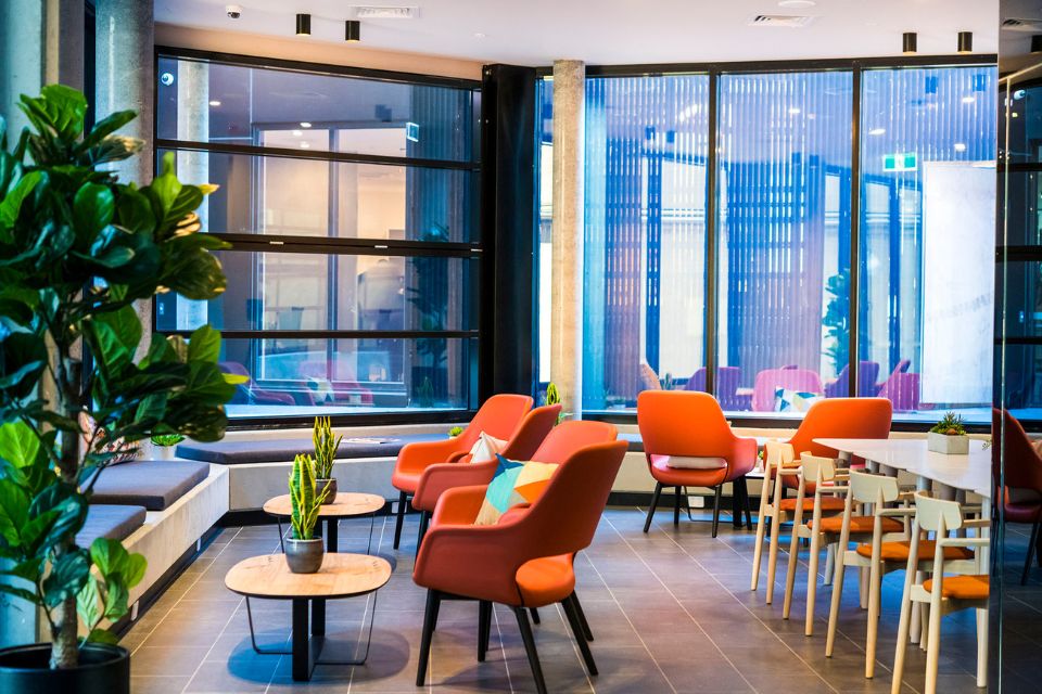 A sunlit communal space is featured. 