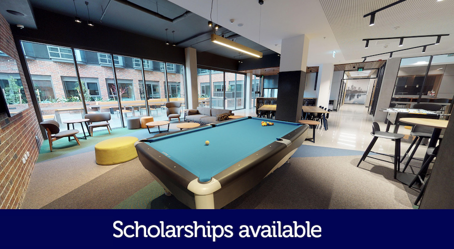 A communal space is featured with a sitting area and pool table.