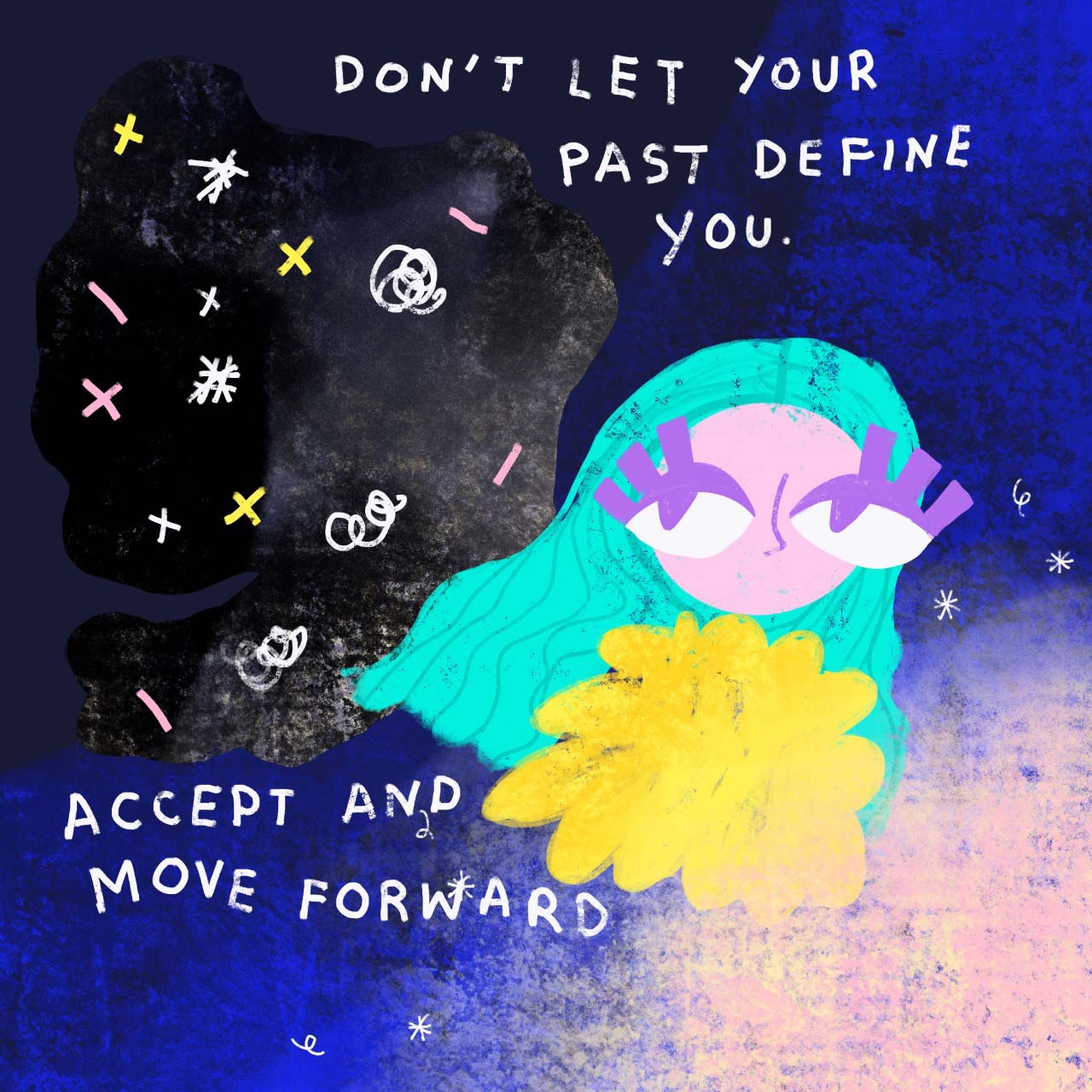 A cartoon of a person in the night sky, a cloud of shapes pursuing them 