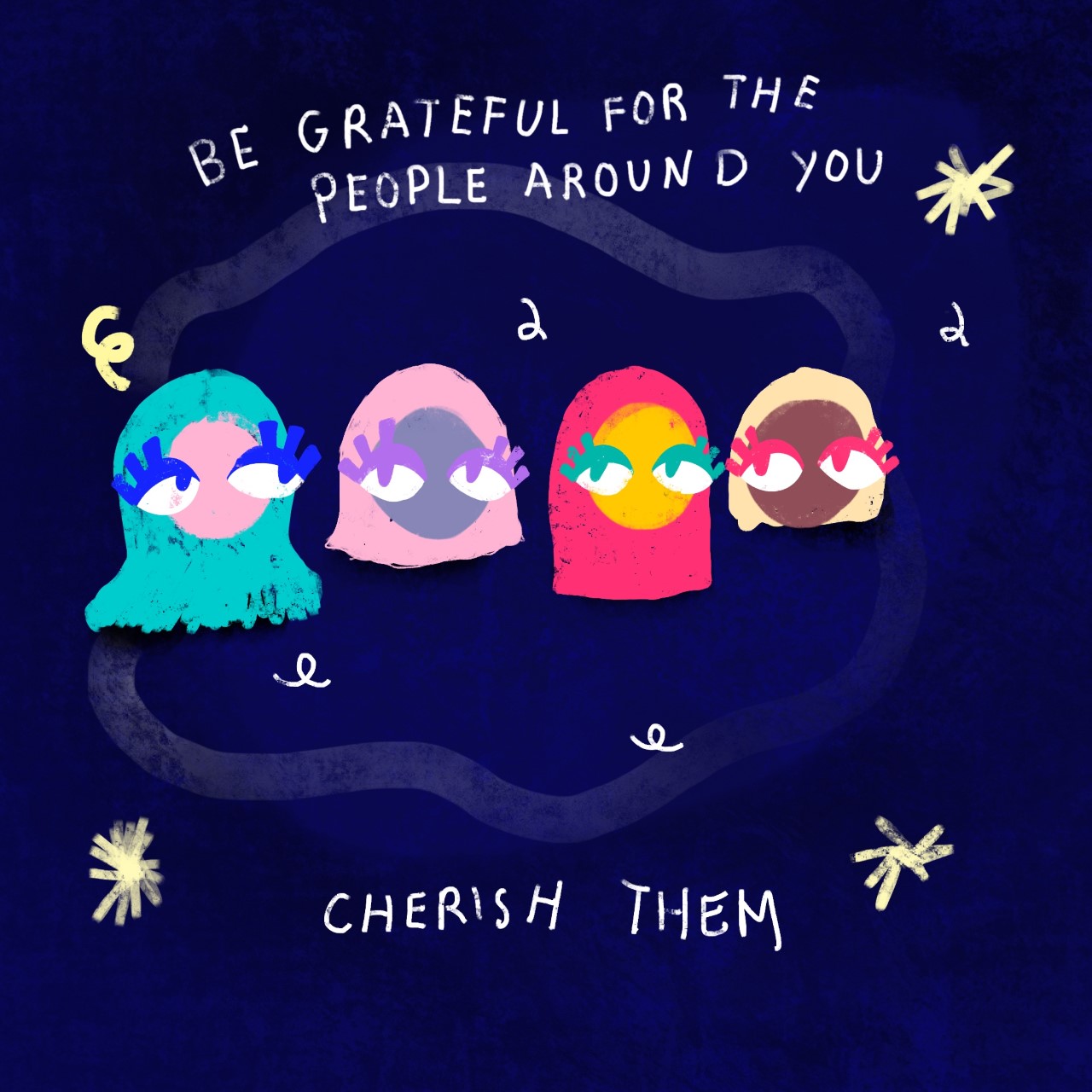 Four cartoon heads on a night sky. 