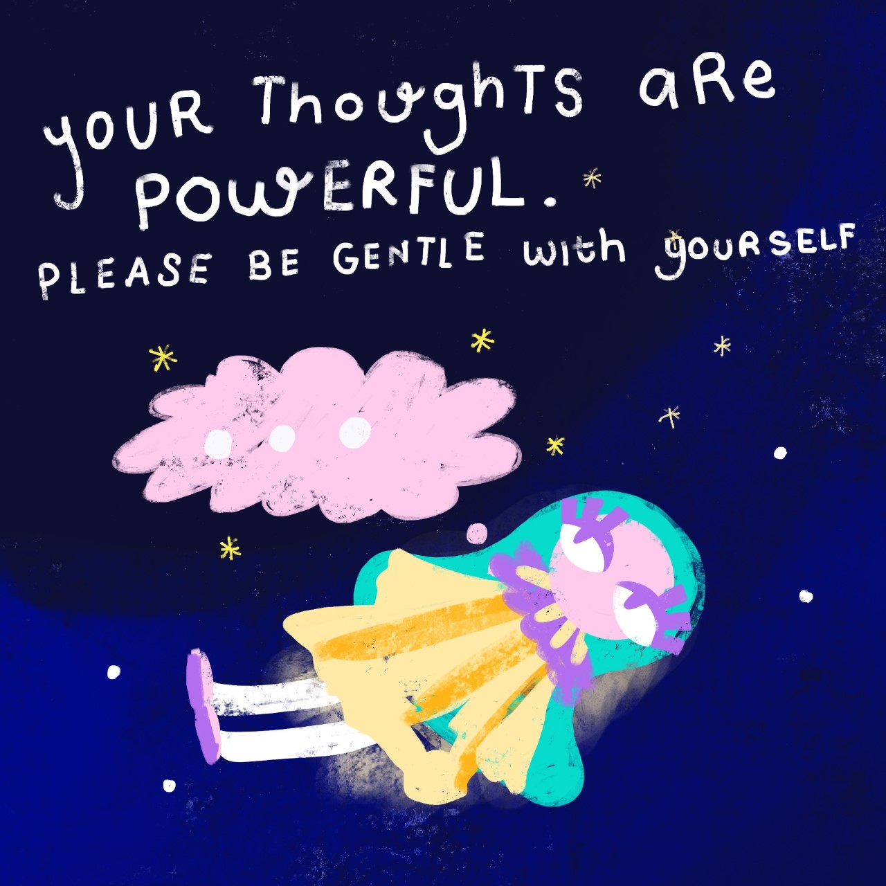 A cartoon of a person lying down in a night sky, a thought bubble with three dots in it