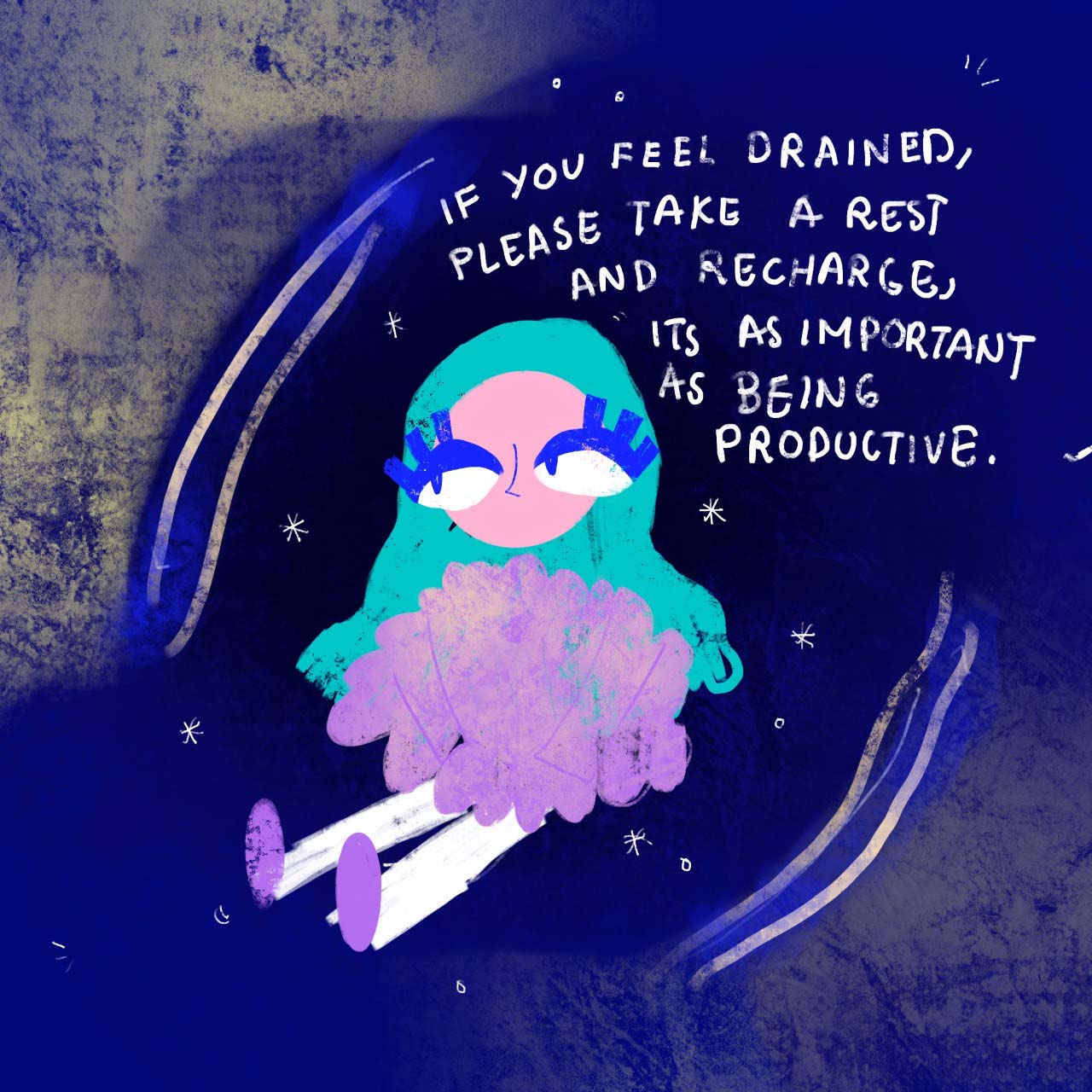 A cartoon of a person sitting in a night sky. 