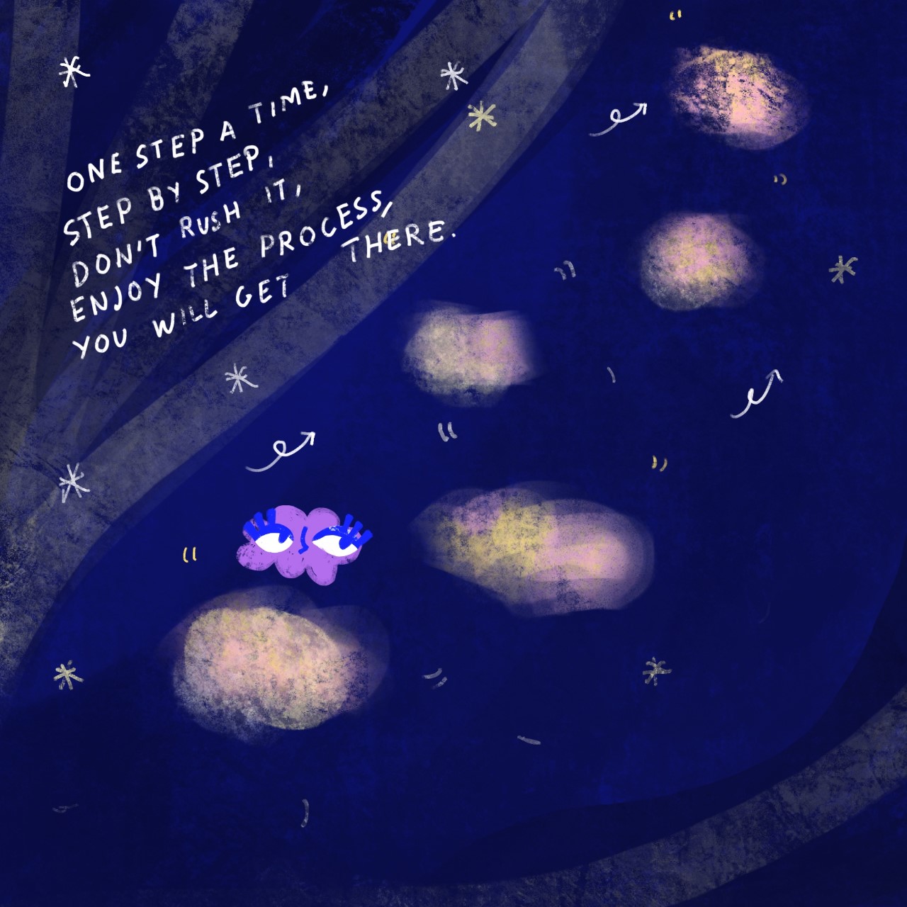 A night sky with stars and clouds, one of the clouds has eyes