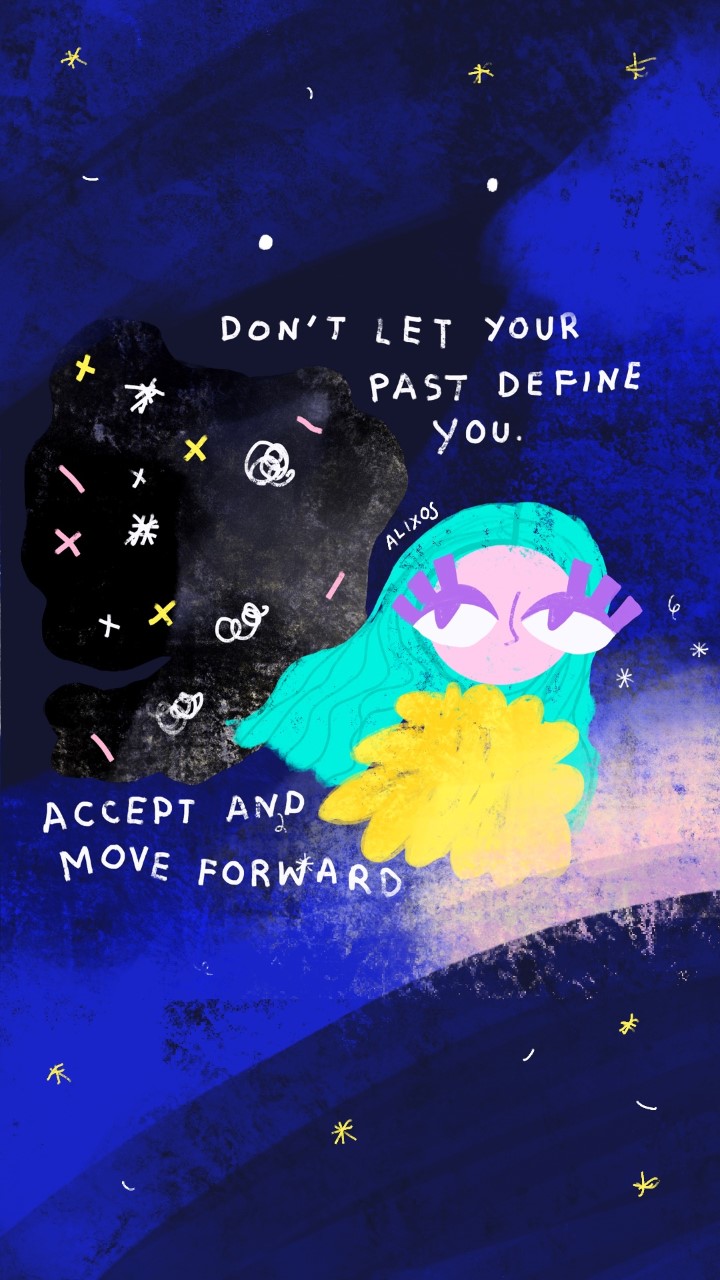 A cartoon of a person in the night sky, a cloud of shapes pursuing them 