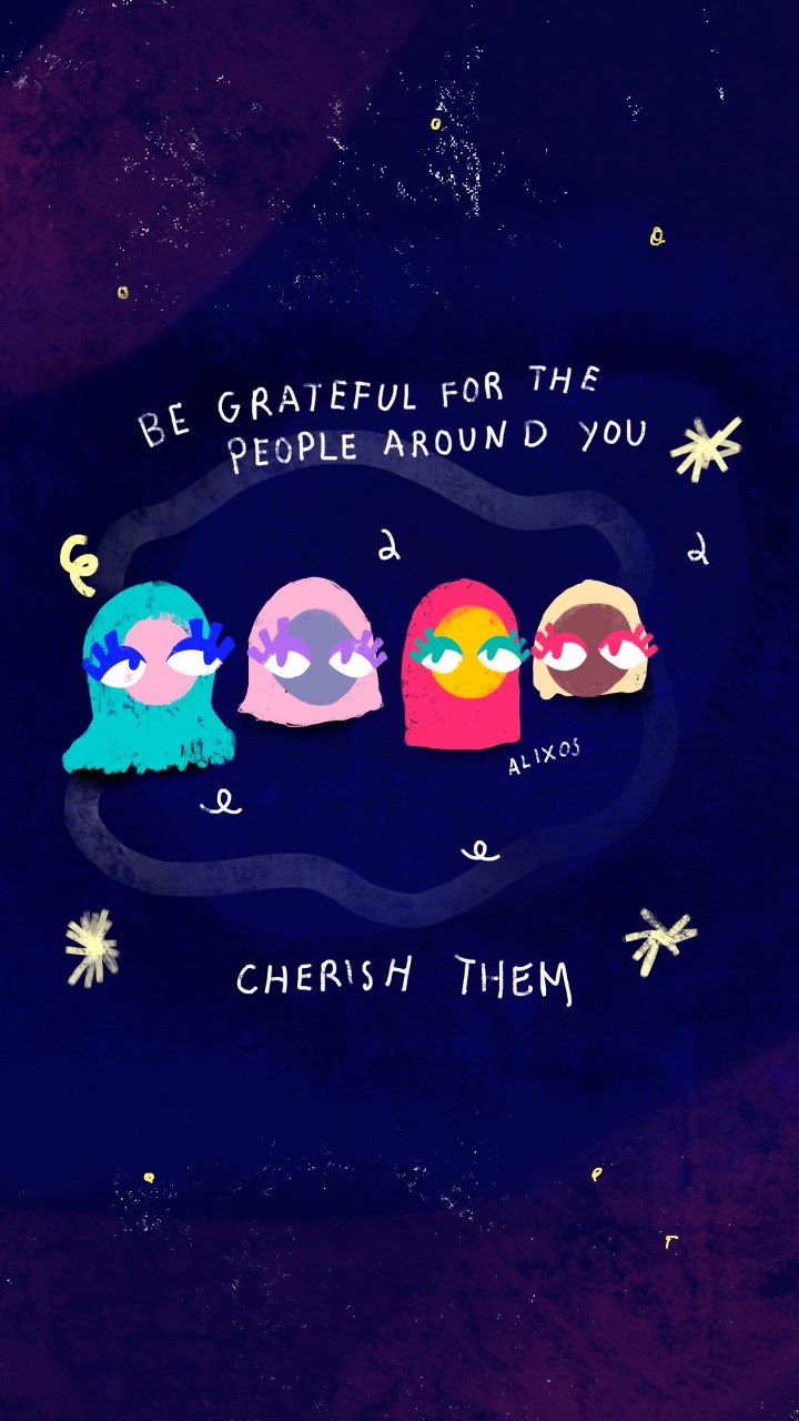 Four cartoon heads on a night sky. 