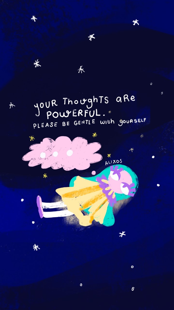 A cartoon of a person lying down in a night sky, a thought bubble with three dots in it