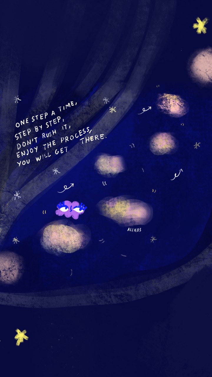 A night sky with stars and clouds, one of the clouds has eyes