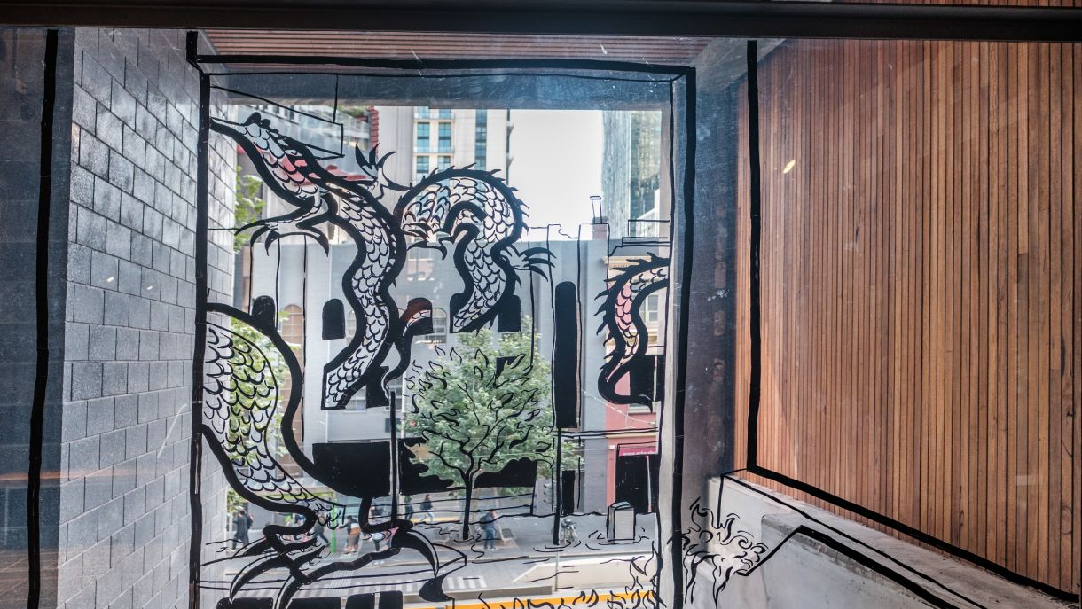 Glass window with art printed