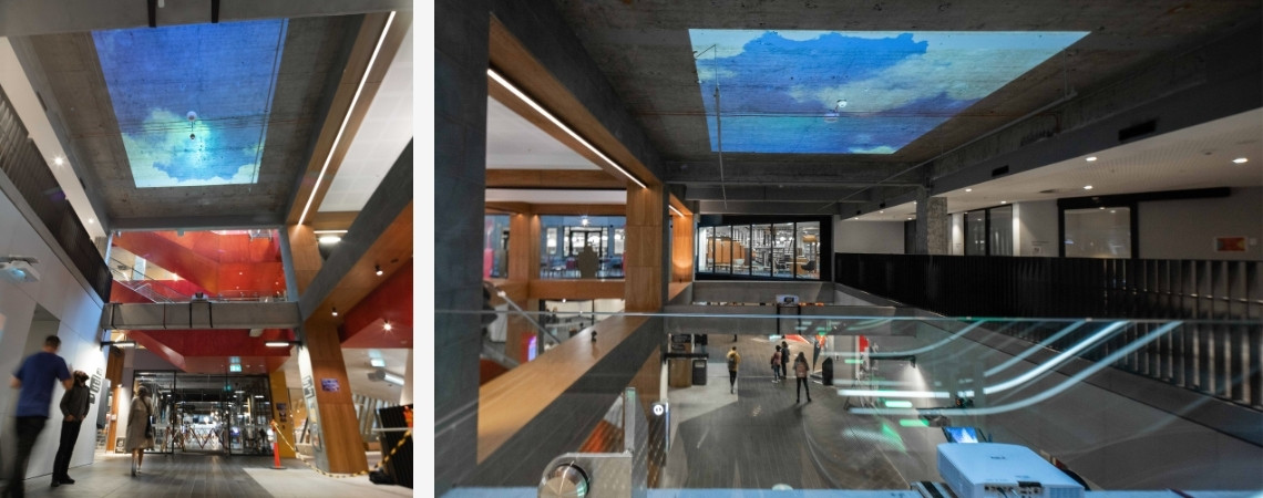 Two images depicting the interior of an RMIT building with projected art on ceiling