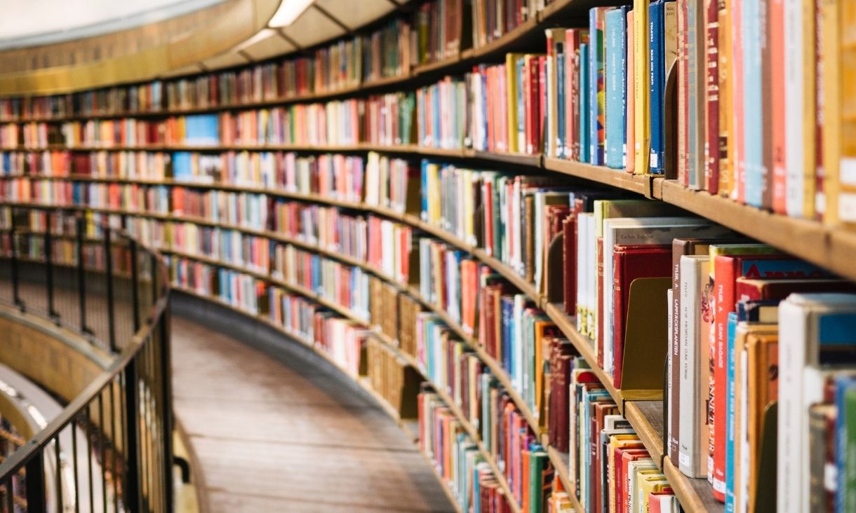 Books on a library shelf.