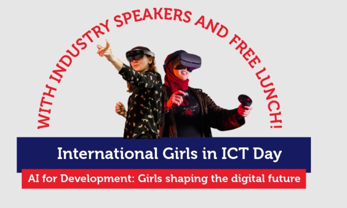 Two women wearing Virtual Reality headsets with text