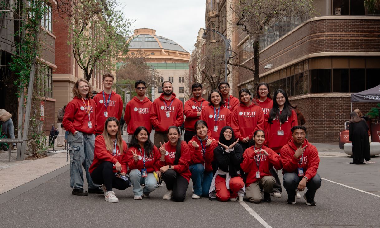 RMIT Student Life Ambassadors gathered on Bowen Street at RMIT City campus