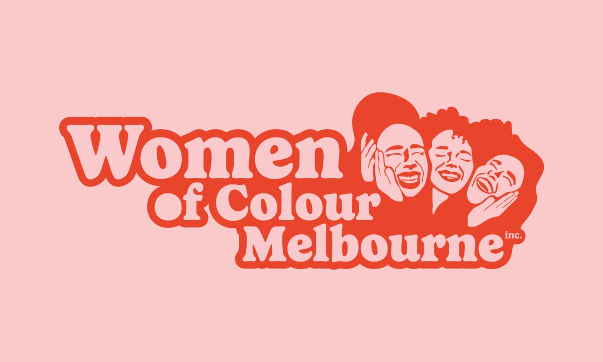 Women of Colour Melbourne logo in red and pink, featuring illustrated portraits beside the organisation’s name.