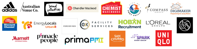 Banner featuring logos of employers attending the RMIT Part-Time & Casual Jobs Fair, including Adidas, Australian Venue Co., Brand Collective, Chandler Macleod, Chemist Warehouse, City of Port Phillip, Compass Group, Digimaker, Chemist Discount Centre, Energy Locals, Forever New, GJK Facility Services, Hoban Recruitment, L'Oréal, Lucas Restaurants Group, Marriott International, Pinnacle People, Prima PMI, San Churro, Spark Event Group and UNIQLO.