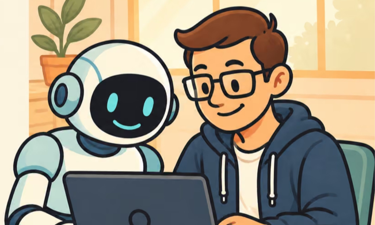 Animated drawing of person and robot working on laptop