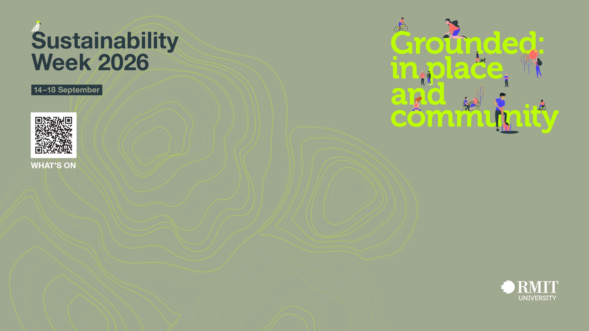 Light green text with colourful graphics on green background