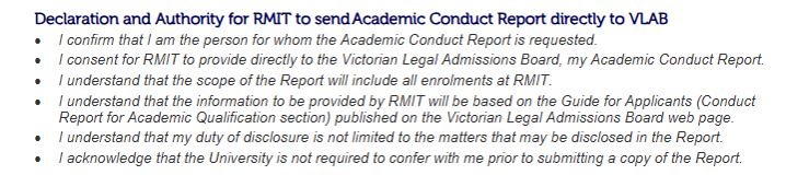 Declaration and authority statement used to confirm it is appropriate for RMIT to fulfil the request and issue the Report to VLAB.  Please contact the Secretariat if you are unable to view the statement.