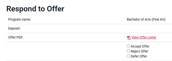 Screenshot titled “Respond to Offer” for Bachelor of Arts (Fine Art), with options to view the offer letter PDF and select Accept, Reject, or Defer Offer.