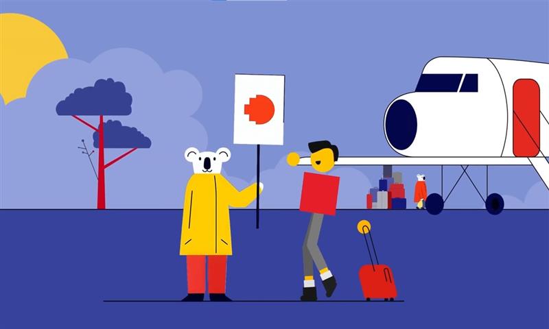 Illustration of a person with luggage meeting a character in a yellow coat holding a sign with the RMIT logo at an airport, with an airplane, trees, and luggage in the background.