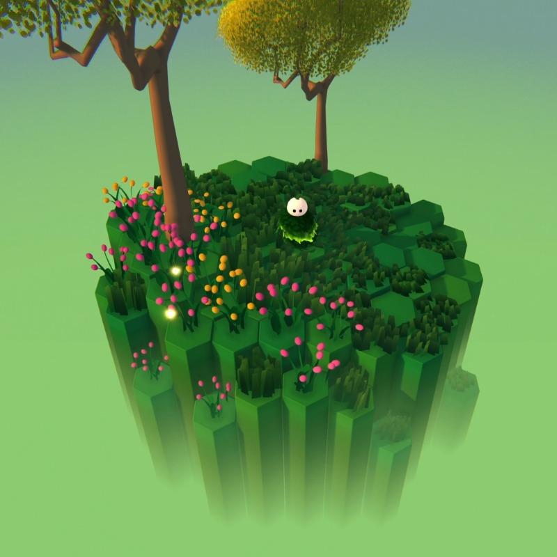 Stylised digital island with hexagonal grass tiles, flowers, trees, and a character in the centre.