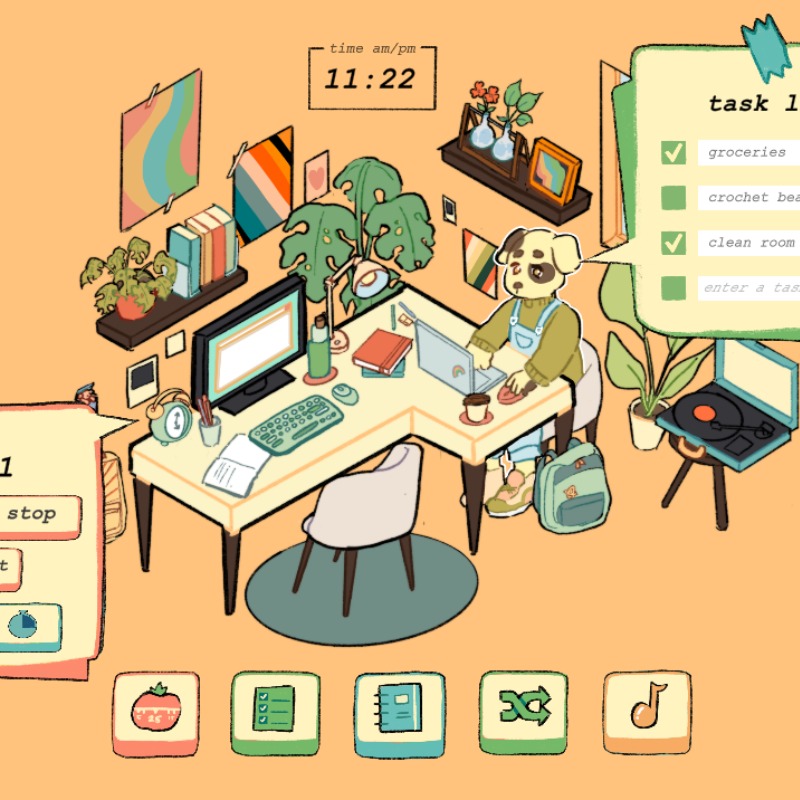 Playful digital room with a pool, surfboard, star decorations, palm tree, and two animal characters.