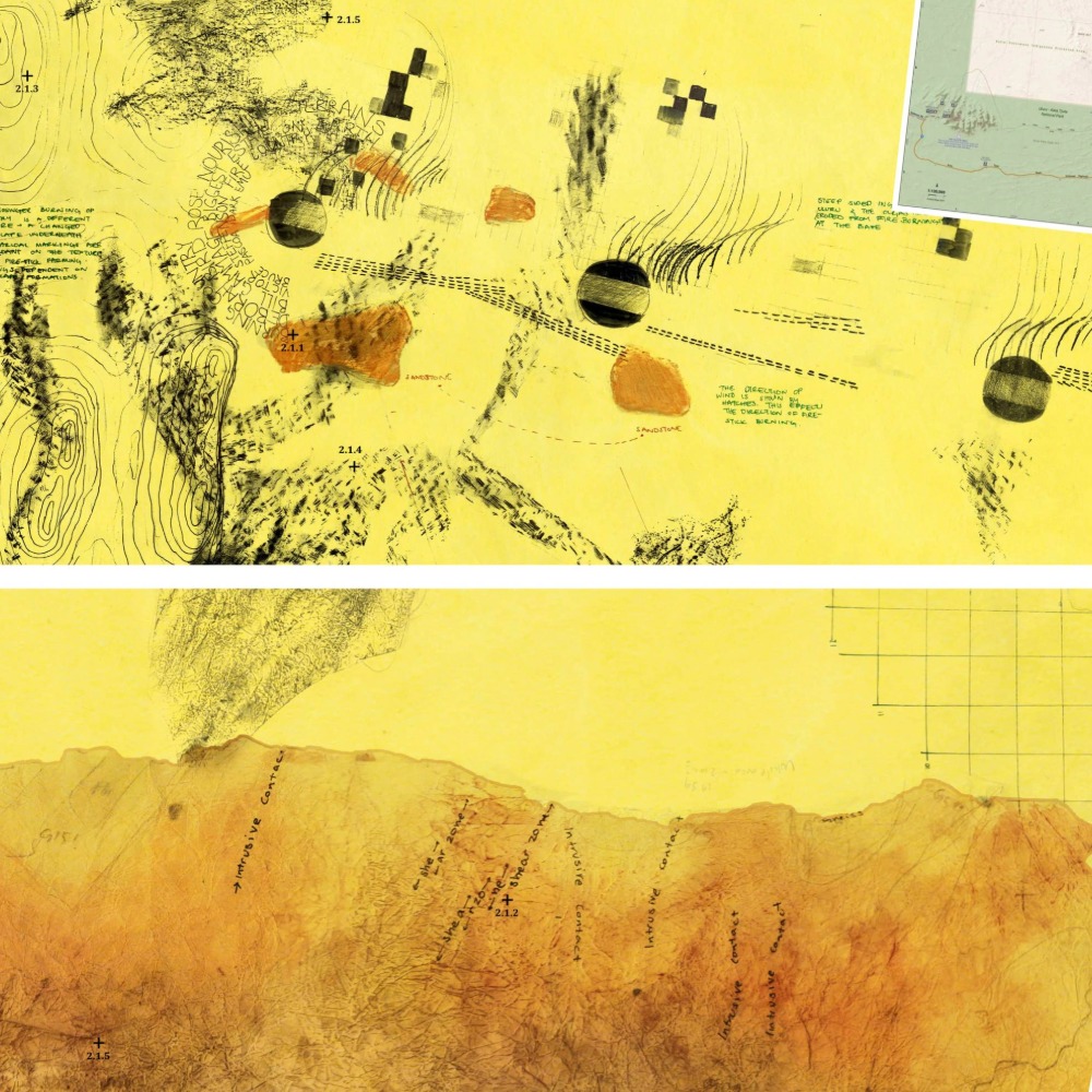 Yellow abstract landscape sketch with contours, shading and notes.