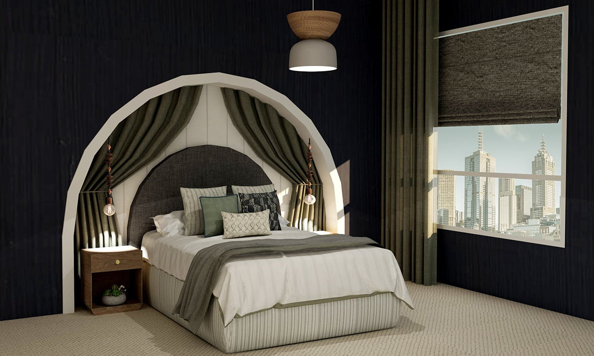 A bedroom with dark green walls and a white queen-sized bed with green accents. A window with a view of a city skyline is next to the bed.