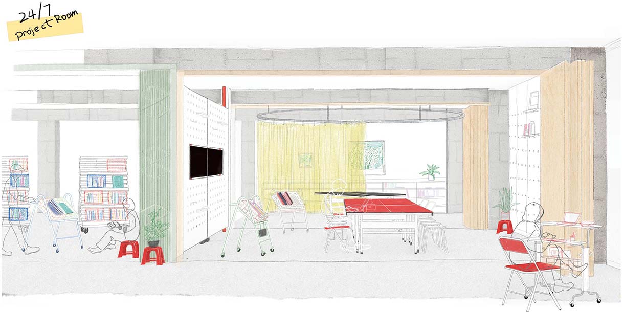 Illustrated project room featuring bookshelves, desks, chairs, students working, and a sign reading "24/7 Project Room." The space is open and collaborative, with plants and colourful accents.