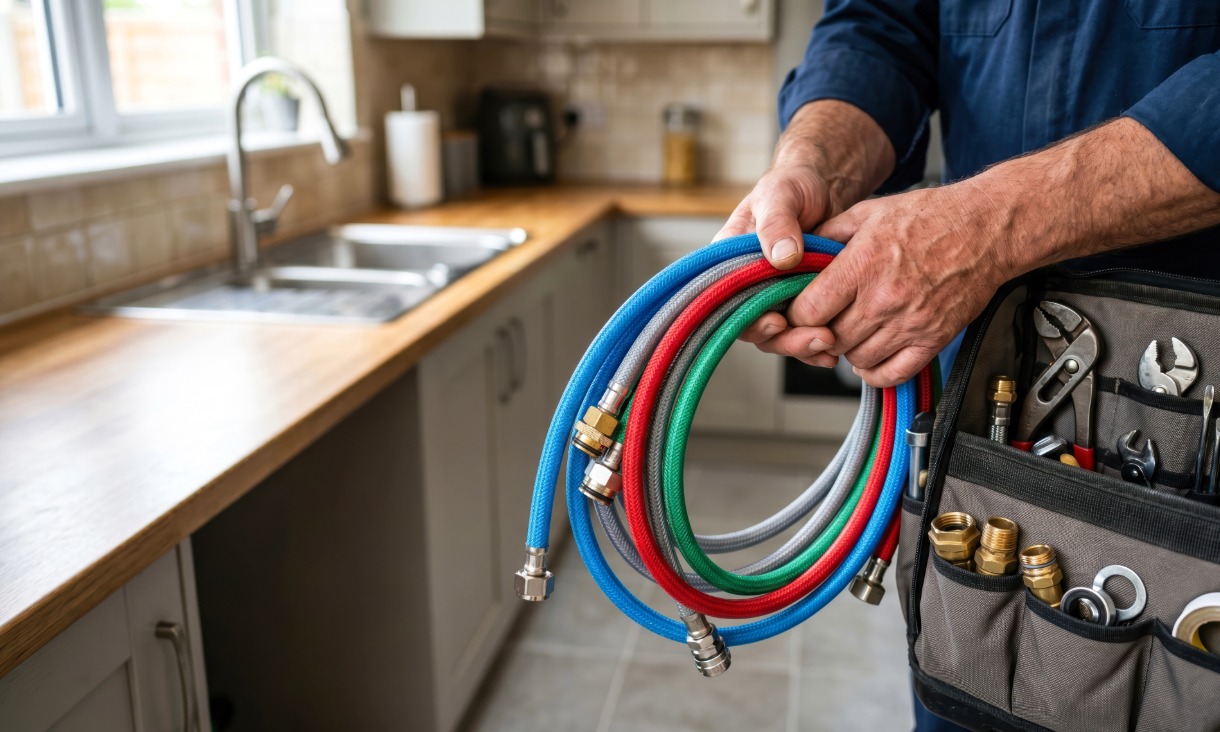 Close up of male hands holding multi coloured plumbing pipes in front of a modern kitchen.